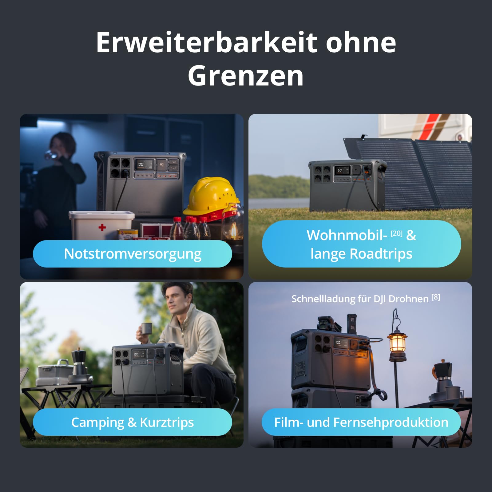 DJI Power 2000 Tragbare Powerstation 2048 Wh, 3000 W Solar Generator, LiFePO4 Akku, kompakte Größe, in 45 Min. von 0% auf 80% geladen, Notstromaggregat für Zuhause, Camping/Wohnmobile/Notstrom
