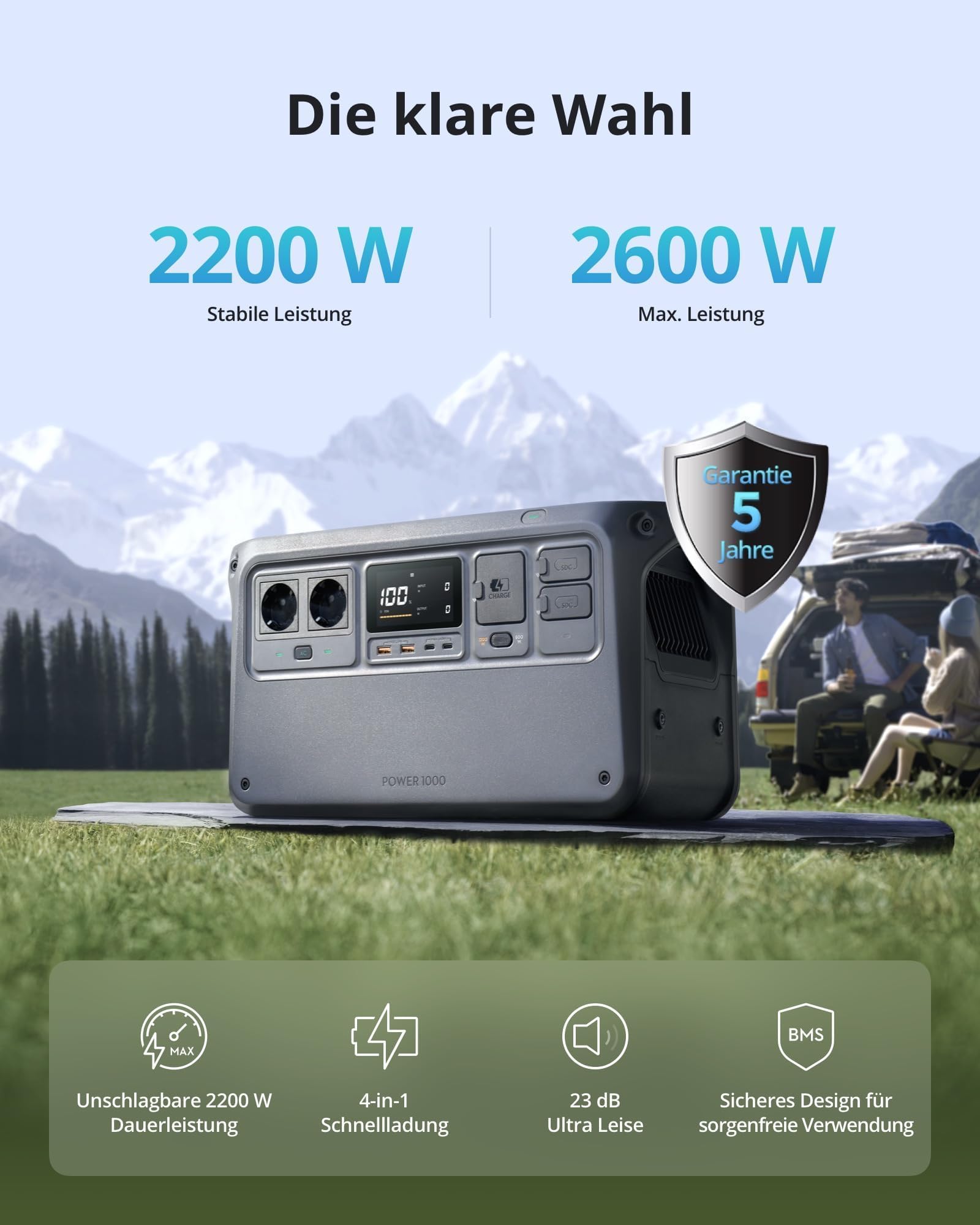 DJI Power 1000 Tragbare Powerstation 1024Wh, 2200W Solar Generator, LiFePO4 Akku, 4-in-1 Schnellladung Power Station, 23db Ultra-Leise, Notstromaggregat für Zuhause, Generator für Camping/Wohnmobile