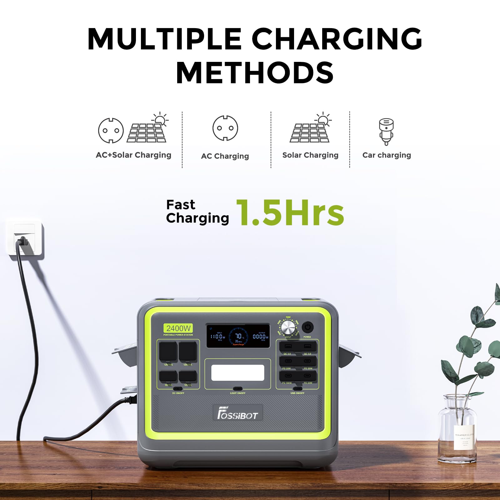 FOSSIBOT Powerstation 2400W AC Ausgängen (4800 W Peak) F2400, Stück mit 200W Solarpanel Power Station, 1100W Superschnelles Tragbare Solargenerator für Zuhause, Camping, RV und Notfall