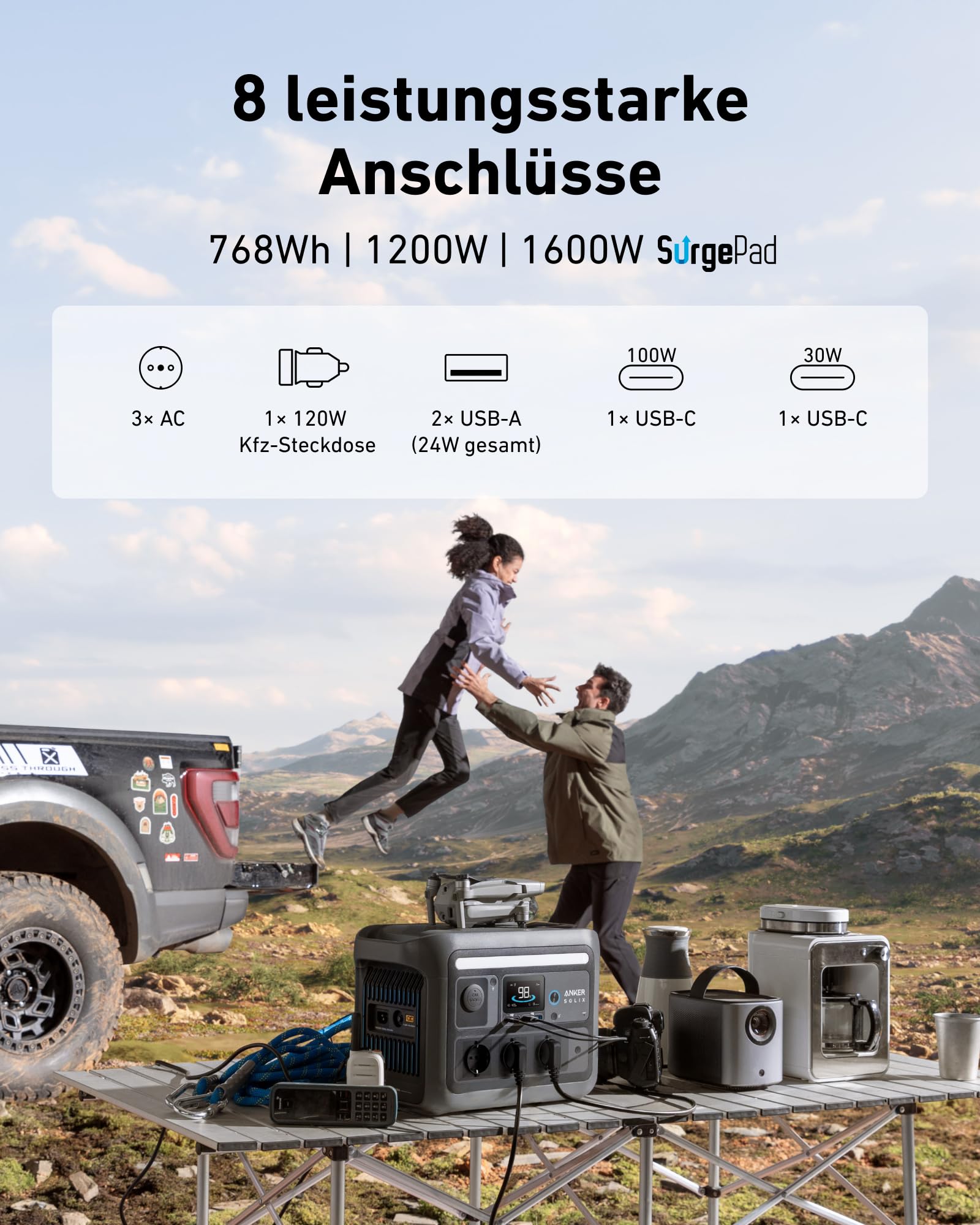 Anker SOLIX C800 Tragbare Powerstation, 1200W (1600W Spitzenleistung) Solargenerator, 100% Akku in 58 Min., 768Wh LiFePO4 Akkus für Camping, Wohnmobil, RV, Reisen, Stromausfall (Solarpanel optional)